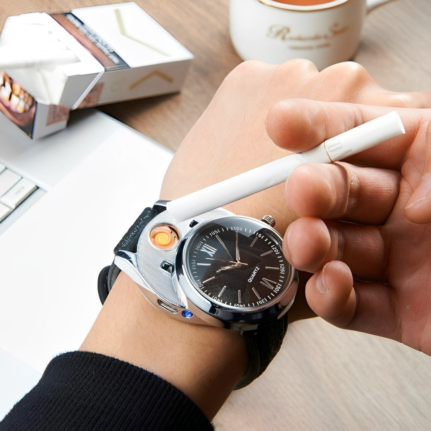USB rechargeable cigarette lighter watch with built-in flameless windproof lighter. Sleek hybrid design with quartz movement, LED indicator, and safety auto-shutoff. Durable metal and rubber construction for stylish convenience
