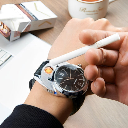 USB rechargeable cigarette lighter watch with built-in flameless windproof lighter. Sleek hybrid design with quartz movement, LED indicator, and safety auto-shutoff. Durable metal and rubber construction for stylish convenience