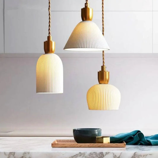 Royelux Modern Pleated Ceramic Pendant Light with Brass Accent for Kitchen Island