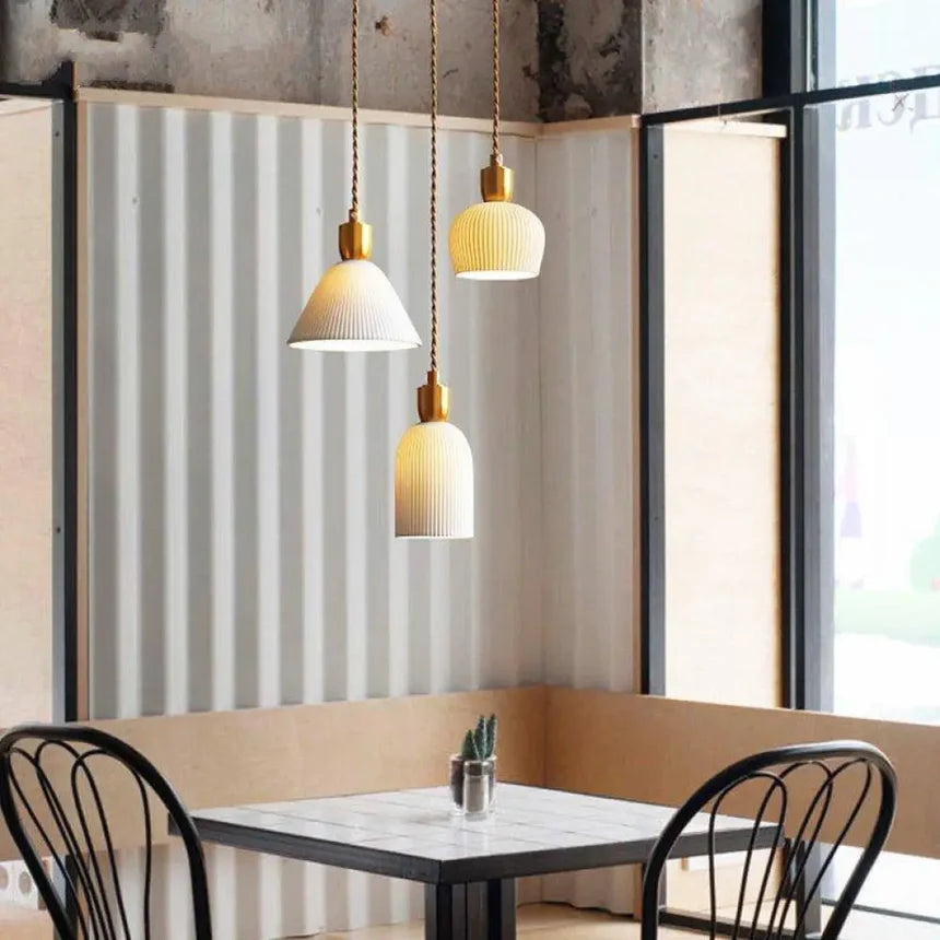 Royelux Modern Pleated Ceramic Pendant Light with Brass Accent for Kitchen Island