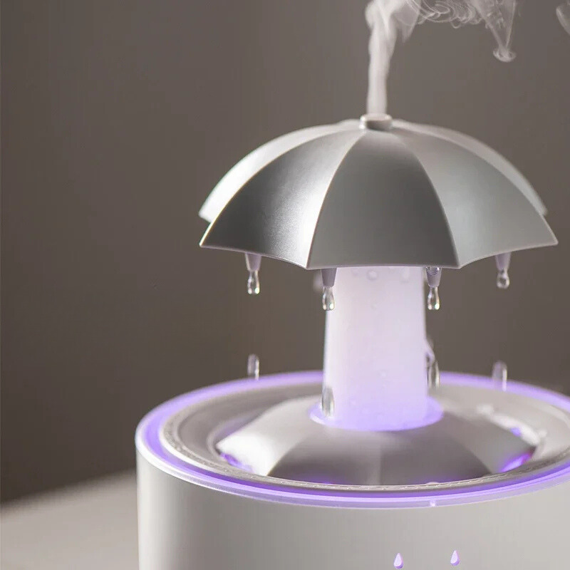2-in-1 aromatherapy diffuser and humidifier with 300ML capacity, ultrasonic quiet mist technology, and LED lights. Features remote control, timer settings, and elegant umbrella water drop design for home relaxation.