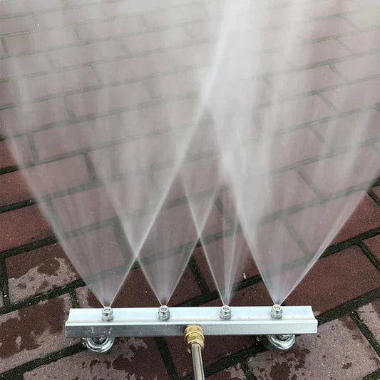 High-pressure undercarriage pressure washer attachment with 1/4-inch quick connector. Features four spray nozzles and dual rollers for easy movement. Ideal for cleaning cars, trucks, driveways, and decks.