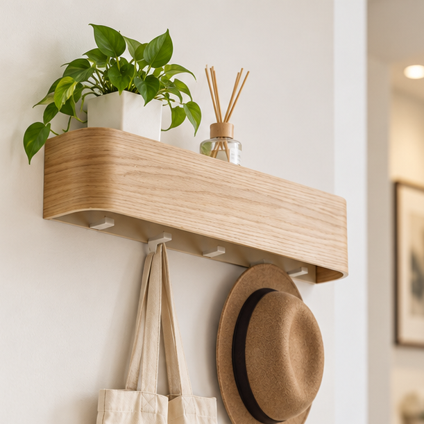 Toke' wall-mounted coat rack, crafted from natural oak with sleek hidden hooks