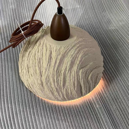 Lumora Terra Zen Pendant Light, Travertine Texture With Scalloped Edge And Walnut Accents For Japandi Modern Homes