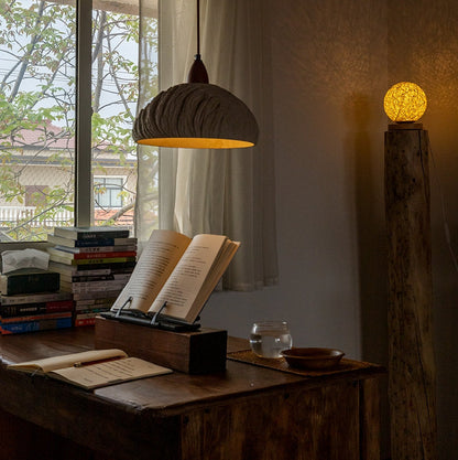 Lumora Terra Zen Pendant Light, Travertine Texture With Scalloped Edge And Walnut Accents For Japandi Modern Homes